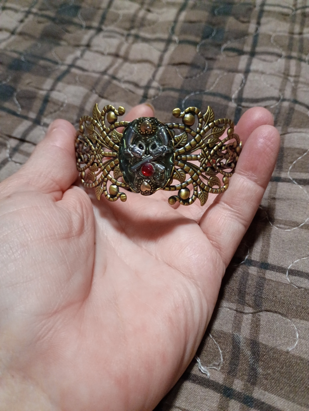 Antique Brass Filigree Cuff Bracelet with Red Stone